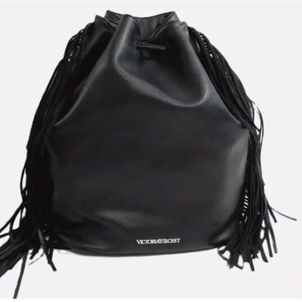 Victoria's Secret Black Leather‎ Style Backpack with Fringe Detailing 5231
